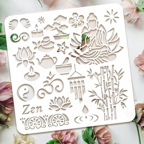 FINGERINSPIRE Zen Motifs Painting Stencil 11.8x11.8 بوصة بوذا استنسل لوتس استنسل شمعة استنسل الخيزران استنسل موضوع ديني استنسل حرفي للرسم على الحائط الخشب الأثاث DIY ديكور المنزل in Saudi Arabia