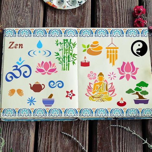 FINGERINSPIRE Zen Motifs Painting Stencil 11.8x11.8 بوصة بوذا استنسل لوتس استنسل شمعة استنسل الخيزران استنسل موضوع ديني استنسل حرفي للرسم على الحائط الخشب الأثاث DIY ديكور المنزل in Saudi Arabia