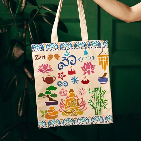 FINGERINSPIRE Zen Motifs Painting Stencil 11.8x11.8 بوصة بوذا استنسل لوتس استنسل شمعة استنسل الخيزران استنسل موضوع ديني استنسل حرفي للرسم على الحائط الخشب الأثاث DIY ديكور المنزل in Saudi Arabia