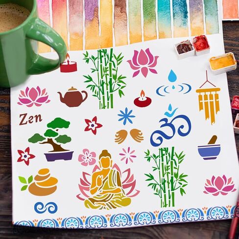 FINGERINSPIRE Zen Motifs Painting Stencil 11.8x11.8 بوصة بوذا استنسل لوتس استنسل شمعة استنسل الخيزران استنسل موضوع ديني استنسل حرفي للرسم على الحائط الخشب الأثاث DIY ديكور المنزل in Saudi Arabia