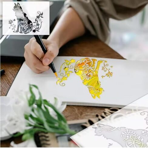 قوالب رسم زهرة القط، استنسل كبير بنمط قطة قابل لإعادة الاستخدام DIY أنماط حيوانات جرافيتي تزيين قالب حرفي استنسل للرسم على الخشب والجدار والأثاث (11.6 × 8.6 بوصة) in Kuwait