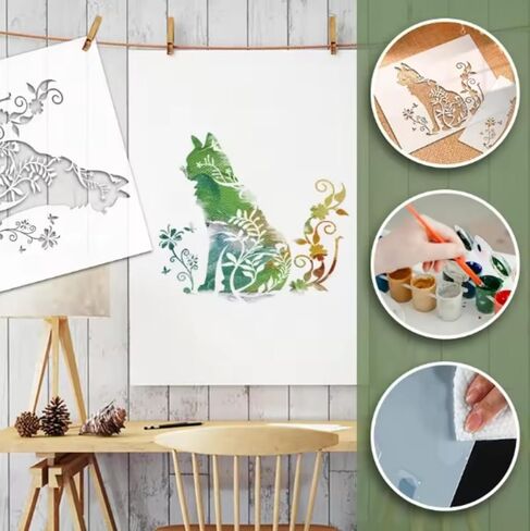 قوالب رسم زهرة القط، استنسل كبير بنمط قطة قابل لإعادة الاستخدام DIY أنماط حيوانات جرافيتي تزيين قالب حرفي استنسل للرسم على الخشب والجدار والأثاث (11.6 × 8.6 بوصة) in Kuwait