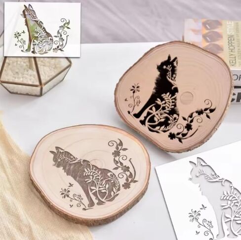 قوالب رسم زهرة القط، استنسل كبير بنمط قطة قابل لإعادة الاستخدام DIY أنماط حيوانات جرافيتي تزيين قالب حرفي استنسل للرسم على الخشب والجدار والأثاث (11.6 × 8.6 بوصة) in Kuwait