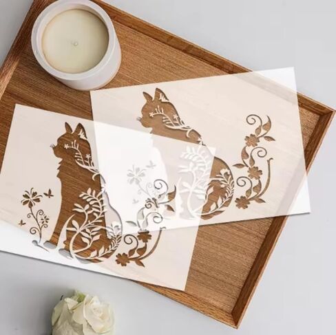 قوالب رسم زهرة القط، استنسل كبير بنمط قطة قابل لإعادة الاستخدام DIY أنماط حيوانات جرافيتي تزيين قالب حرفي استنسل للرسم على الخشب والجدار والأثاث (11.6 × 8.6 بوصة) in Kuwait