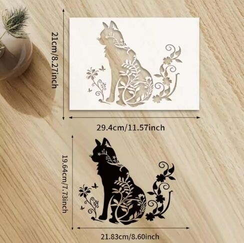 قوالب رسم زهرة القط، استنسل كبير بنمط قطة قابل لإعادة الاستخدام DIY أنماط حيوانات جرافيتي تزيين قالب حرفي استنسل للرسم على الخشب والجدار والأثاث (11.6 × 8.6 بوصة) in Kuwait