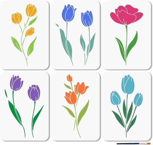 MAYJOYDIY 6Pcs Tulip Stencil Garden Blossoms Flower Painting Stencils 11.7×8.3inch Reusable Bouquet Plants Drawing Template with Paint Brush for Craft on Window Wood Wall Home Decor in Saudi Arabia