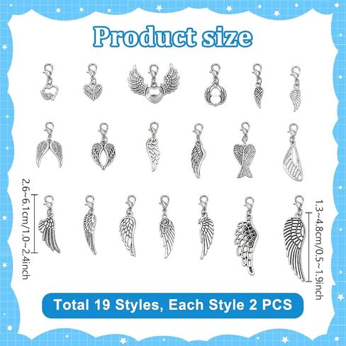 PH PandaHall 38pcs 19 Styles Angel Wing Clip on Charms, Feather Charms with Lobster Clasp Wings Pendants for DIY Jewelry Making Keychains Crafts Accessories in Saudi Arabia