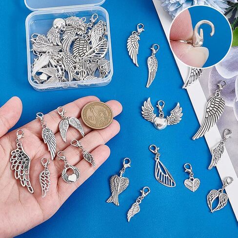 PH PandaHall 38pcs 19 Styles Angel Wing Clip on Charms, Feather Charms with Lobster Clasp Wings Pendants for DIY Jewelry Making Keychains Crafts Accessories in Saudi Arabia