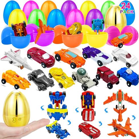 [1 Gold Egg] 24 Pack Prefilled Easter Egg Filled with Transform Car Robot Toys, 24 Eggs + 24 Car Robot Toys for Kids, Easter Basket Stuffers Classroom Exchange for Boys 24 Vehicle Party Favor Egg Hunt in Saudi Arabia
