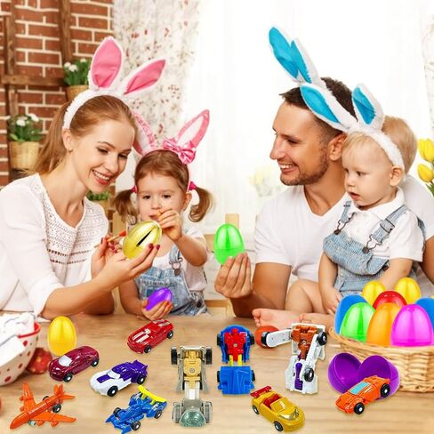 [1 Gold Egg] 24 Pack Prefilled Easter Egg Filled with Transform Car Robot Toys, 24 Eggs + 24 Car Robot Toys for Kids, Easter Basket Stuffers Classroom Exchange for Boys 24 Vehicle Party Favor Egg Hunt in Saudi Arabia