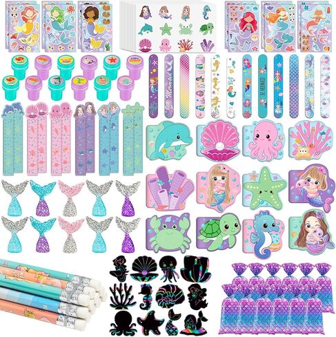120 قطعة من هدايا حفلات حورية البحر من تشيبولا - ملصقات، وأقلام رصاص، ودفاتر ملاحظات، وطوابع، ومجموعة قرطاسية مدرسية لديكورات عيد ميلاد حورية البحر، وحقائب الحلوى الجيدة، ومكافآت الفصل الدراسي، ومستلزمات بيناتا (12 مجموعة) in Kuwait