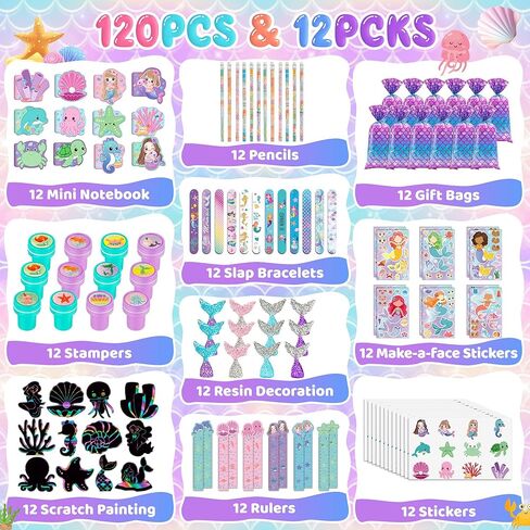 120 قطعة من هدايا حفلات حورية البحر من تشيبولا - ملصقات، وأقلام رصاص، ودفاتر ملاحظات، وطوابع، ومجموعة قرطاسية مدرسية لديكورات عيد ميلاد حورية البحر، وحقائب الحلوى الجيدة، ومكافآت الفصل الدراسي، ومستلزمات بيناتا (12 مجموعة) in Kuwait