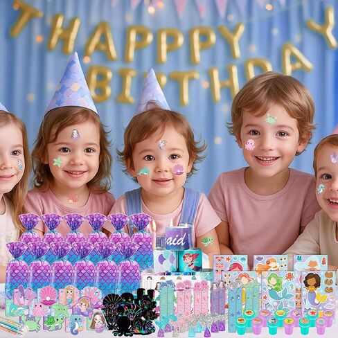 120 قطعة من هدايا حفلات حورية البحر من تشيبولا - ملصقات، وأقلام رصاص، ودفاتر ملاحظات، وطوابع، ومجموعة قرطاسية مدرسية لديكورات عيد ميلاد حورية البحر، وحقائب الحلوى الجيدة، ومكافآت الفصل الدراسي، ومستلزمات بيناتا (12 مجموعة) in Kuwait