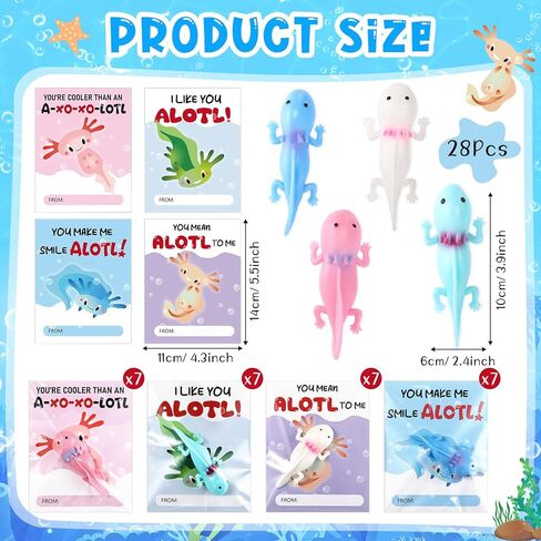 28 Pack Valentines Axolotl Party Favors for Kids Rubber Axolotl Finger Slingshot Toys Bulk with Cards Birthday Gifts Goodie Bags Stuffers School Classroom Rewards in Saudi Arabia