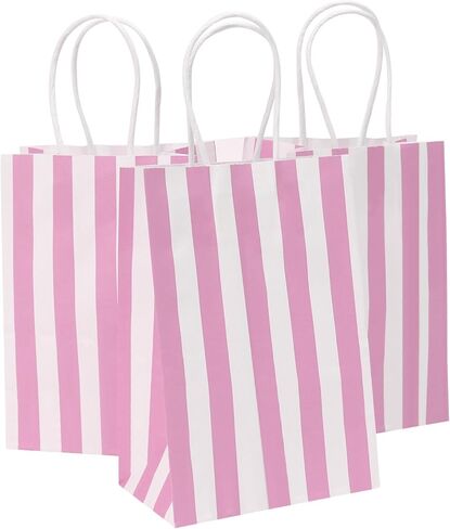 50Pcs Small Paper Gift Bags Bulk, 5.25" x 3.75" x 8" Kraft Paper Bag for Party Favors,Valentine's Day, Birthday, Wedding, Goodie, Retail, Jewelry - Pink Stripe in Saudi Arabia