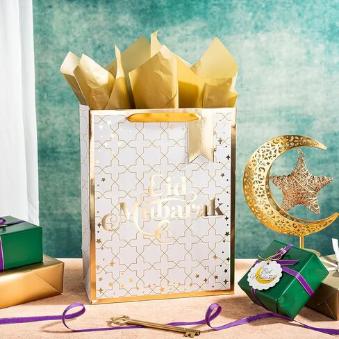 WRAPAHOLIC 13" Eid Mubarak Gift Bags with Tissue Paper and Gift Tag - Gold Foil Cross - Ramadan Paper Bags for Islam Holiday Party Celebration in Saudi Arabia