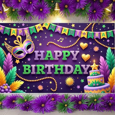 Mardi Gras Birthday Party Decorations Gold Frame Happy Birthday Banner Backdrop Crown Masquerade Mask Carnival New Orleans Theme Party Supplies Wall Decor 71x43 Inch (Purple A) in Saudi Arabia