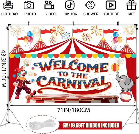 Large Carnival Backdrop 71 x 35 Inch – Welcome to The Carnival Banner with 19.69FT Ribbon, Circus Theme Party Decorations, Birthday Supplies, Photo Booth Props in Saudi Arabia