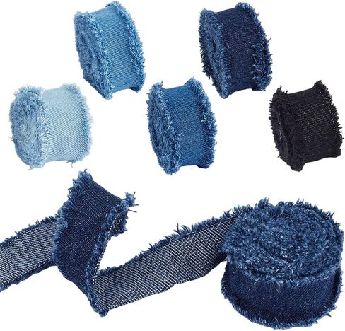 PH PandaHall 10 Yards x 1.18" Denim Ribbon, 5 Colors Rustic Frayed Fringes Blue Black Denim Fabric Ribbon Polyester Jean Fabric for Sewing Upholstery Gift Wrapping Bouquets Party Decorations Crafts in Saudi Arabia