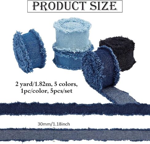PH PandaHall 10 Yards x 1.18" Denim Ribbon, 5 Colors Rustic Frayed Fringes Blue Black Denim Fabric Ribbon Polyester Jean Fabric for Sewing Upholstery Gift Wrapping Bouquets Party Decorations Crafts in Saudi Arabia