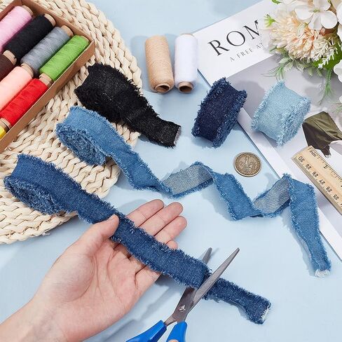 PH PandaHall 10 Yards x 1.18" Denim Ribbon, 5 Colors Rustic Frayed Fringes Blue Black Denim Fabric Ribbon Polyester Jean Fabric for Sewing Upholstery Gift Wrapping Bouquets Party Decorations Crafts in Saudi Arabia
