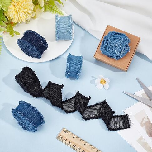 PH PandaHall 10 Yards x 1.18" Denim Ribbon, 5 Colors Rustic Frayed Fringes Blue Black Denim Fabric Ribbon Polyester Jean Fabric for Sewing Upholstery Gift Wrapping Bouquets Party Decorations Crafts in Saudi Arabia