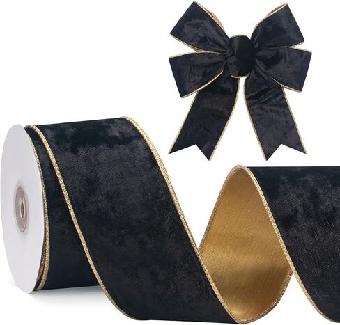 Olive Green Velvet Wired Ribbon, 2.5 Inch Crushed Velvet Ribbons with Gold Edge, Christmas Wired Ribbon for Gift Wrapping, Christmas Tree Decor, Wreath Supplies, Crafts Bow Making, 10 Yards in Saudi Arabia