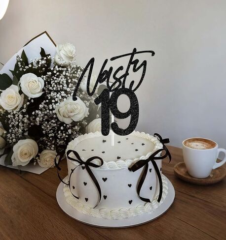 Nasty 19 Cake Topper, Cheers to 19 Years Birthday Cake Decor, Happy 19th Birthday Party Decorations, Funny 19th Bday Decoration Black Glitter in Saudi Arabia