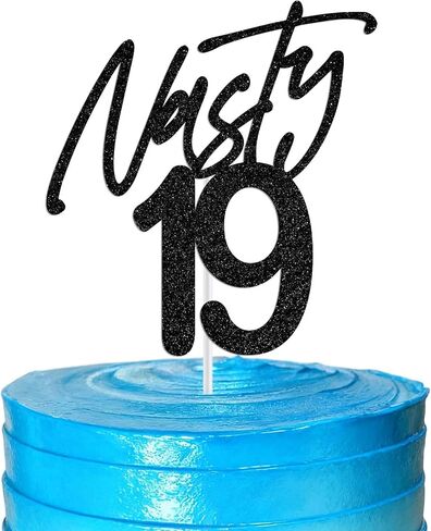 Nasty 19 Cake Topper, Cheers to 19 Years Birthday Cake Decor, Happy 19th Birthday Party Decorations, Funny 19th Bday Decoration Black Glitter in Saudi Arabia