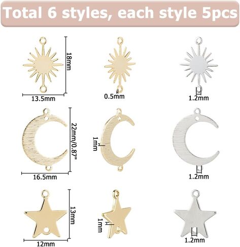 30Pcs Brass Links Pendants Connector Platinum and Golden Moon Sun Star Connector Charms Star Moon Sun Charms with 2 Holes for Jewelry Earring Bracelet Necklace Making DIY Craft in Saudi Arabia