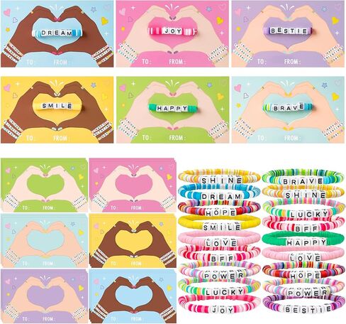 24 Pack Valentine’s Day Friendship Bracelets Card Gifts Set, Friendship Clay Beads Bracelet with Card Kids School Classroom Prizes Exchange Gift Valentines Party Favors Supplies in Saudi Arabia