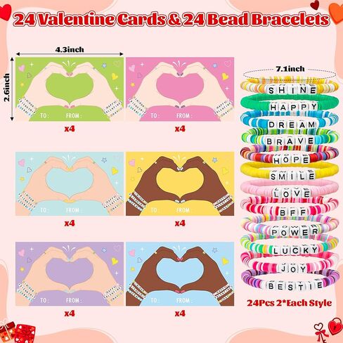 24 Pack Valentine’s Day Friendship Bracelets Card Gifts Set, Friendship Clay Beads Bracelet with Card Kids School Classroom Prizes Exchange Gift Valentines Party Favors Supplies in Saudi Arabia