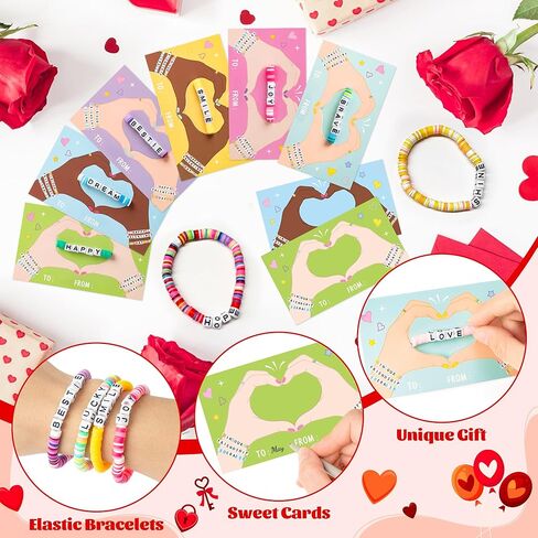 24 Pack Valentine’s Day Friendship Bracelets Card Gifts Set, Friendship Clay Beads Bracelet with Card Kids School Classroom Prizes Exchange Gift Valentines Party Favors Supplies in Saudi Arabia