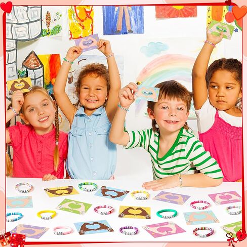 24 Pack Valentine’s Day Friendship Bracelets Card Gifts Set, Friendship Clay Beads Bracelet with Card Kids School Classroom Prizes Exchange Gift Valentines Party Favors Supplies in Saudi Arabia