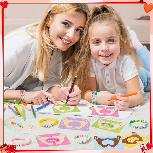 24 Pack Valentine’s Day Friendship Bracelets Card Gifts Set, Friendship Clay Beads Bracelet with Card Kids School Classroom Prizes Exchange Gift Valentines Party Favors Supplies in Saudi Arabia