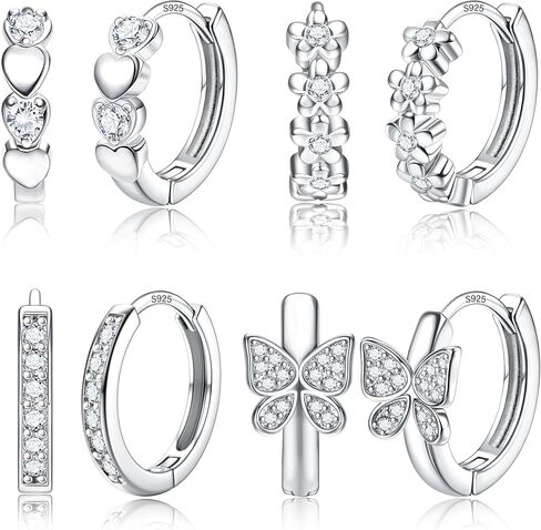 YADOCA 4Pairs Hypoallergenic Small Hoop Earrings For Girls Women 925 Sterling Silver Post Huggie Earrings Cute Heart Flowers Heart Butterfly Star Cubic Zirconia Cartilage Earrings For Sensitive Ears in Saudi Arabia
