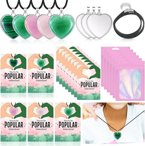 Remerry 24 Sets Valentine's Day Witch Themed Gifts, Galentine's Day Exchange Gift for Best Friends Pink and Green Gemstone Necklace DIY Crafts Kit with Witch Cards Exchange Party Favors for Friends in Saudi Arabia