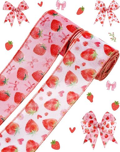 2 Roll 10 Yards Strawberry Ribbon, 2.5 Inch Wide Strawberry Ribbon with Wire for Crafts, Hair Bows, Wreath, Gift Wrapping, Pink Polyester in Kuwait