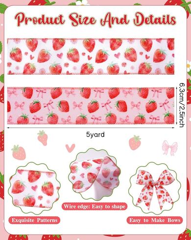 2 Roll 10 Yards Strawberry Ribbon, 2.5 Inch Wide Strawberry Ribbon with Wire for Crafts, Hair Bows, Wreath, Gift Wrapping, Pink Polyester in Kuwait