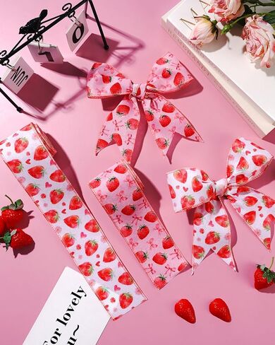 2 Roll 10 Yards Strawberry Ribbon, 2.5 Inch Wide Strawberry Ribbon with Wire for Crafts, Hair Bows, Wreath, Gift Wrapping, Pink Polyester in Kuwait
