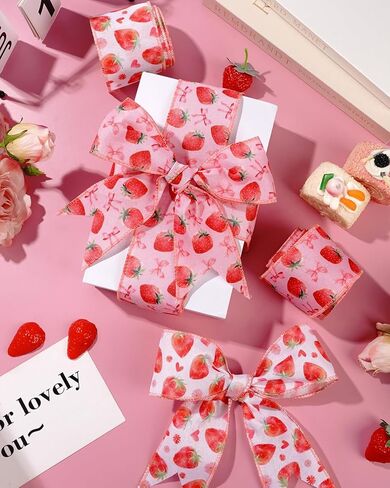 2 Roll 10 Yards Strawberry Ribbon, 2.5 Inch Wide Strawberry Ribbon with Wire for Crafts, Hair Bows, Wreath, Gift Wrapping, Pink Polyester in Kuwait