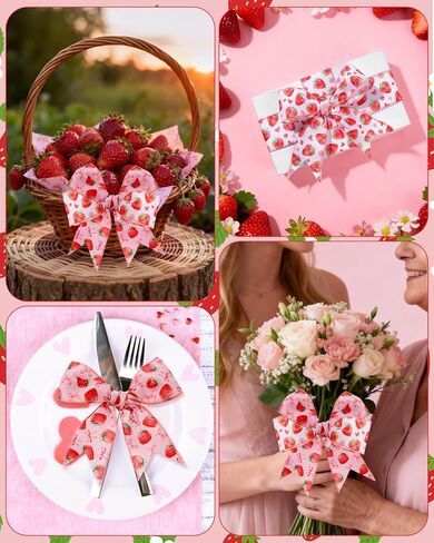 2 Roll 10 Yards Strawberry Ribbon, 2.5 Inch Wide Strawberry Ribbon with Wire for Crafts, Hair Bows, Wreath, Gift Wrapping, Pink Polyester in Kuwait