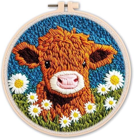 ZMHKJZDQ Punch Needle Kits for Beginners,DIY Punch Needle Embroidery with Fabric, Hoops, Yarns and Sewing Needles for Adults Children Festival Gift and Home Decor, 20x20cm (Bow Highland Cow) in Kuwait