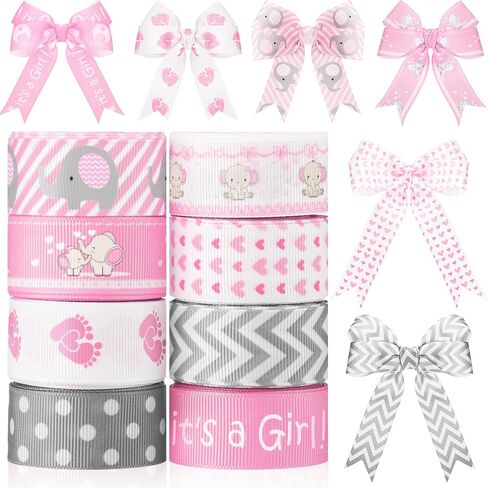 8 Roll Baby Elephant Grosgrain Ribbon 7/8 Inch Baby Shower It's a Boy/Girl Foot Print Ribbon for Gift Wrapping Shower Gender Reveal Party Diaper Cake Decor, 40 Yard Total(Pink) in Kuwait