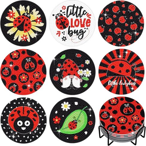 Shellwei 8 Pcs Ladybug Diamond Painting Art Coasters with Holder Ladybug Gnome Diamond Painting Kit Red and Black DIY Crafts Coasters for Adults Beginner Gift Supplies in Saudi Arabia
