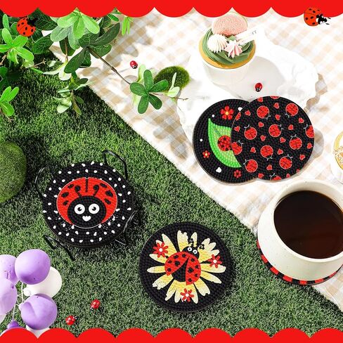 Shellwei 8 Pcs Ladybug Diamond Painting Art Coasters with Holder Ladybug Gnome Diamond Painting Kit Red and Black DIY Crafts Coasters for Adults Beginner Gift Supplies in Saudi Arabia