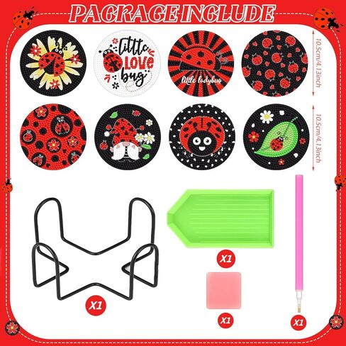 Shellwei 8 Pcs Ladybug Diamond Painting Art Coasters with Holder Ladybug Gnome Diamond Painting Kit Red and Black DIY Crafts Coasters for Adults Beginner Gift Supplies in Saudi Arabia