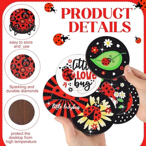 Shellwei 8 Pcs Ladybug Diamond Painting Art Coasters with Holder Ladybug Gnome Diamond Painting Kit Red and Black DIY Crafts Coasters for Adults Beginner Gift Supplies in Saudi Arabia