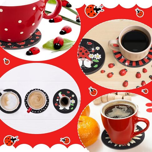 Shellwei 8 Pcs Ladybug Diamond Painting Art Coasters with Holder Ladybug Gnome Diamond Painting Kit Red and Black DIY Crafts Coasters for Adults Beginner Gift Supplies in Saudi Arabia