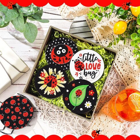Shellwei 8 Pcs Ladybug Diamond Painting Art Coasters with Holder Ladybug Gnome Diamond Painting Kit Red and Black DIY Crafts Coasters for Adults Beginner Gift Supplies in Saudi Arabia
